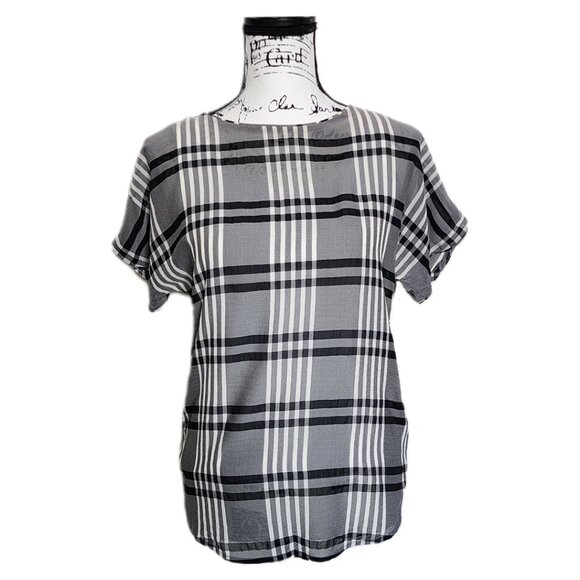 Silk Plaid Windowpane Short Cap Sleeves Round Neck Blouse by Mary Ann Restivo - Picture 6 of 10